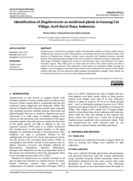 Identification of Zingiberaceae As Medicinal Plants in Gunung Cut Village, Aceh Barat Daya, Indonesia