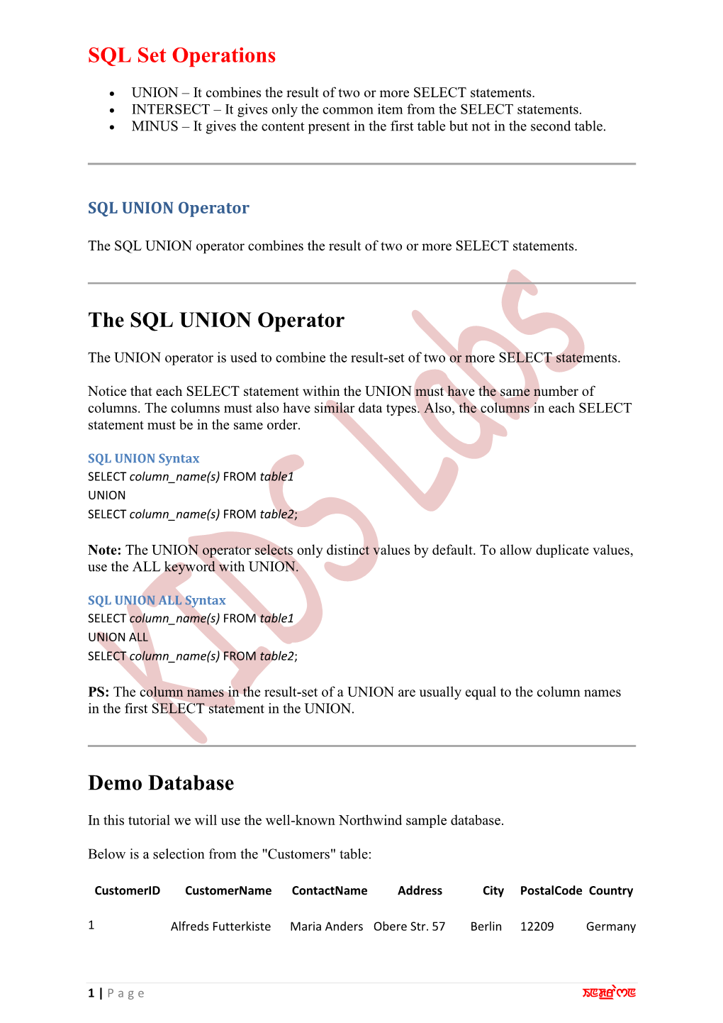 SQL Set Operations the SQL UNION Operator Demo Database