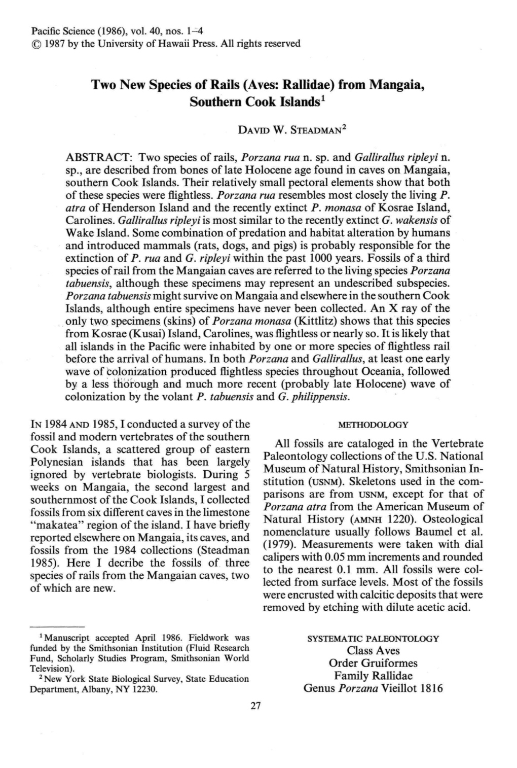 Two New Species of Rails (Aves: Rallidae) from Mangaia, Southern Cook Islands!