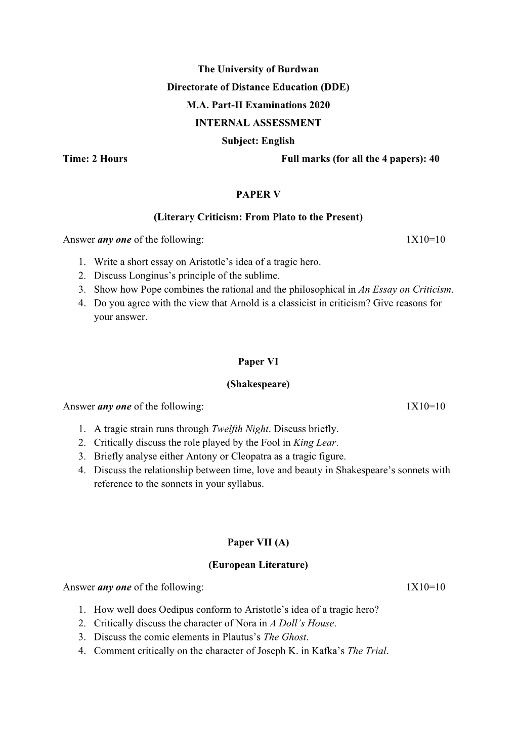 (DDE) MA Part-II Examinations 2020 INTERNAL ASSESSMENT Subject