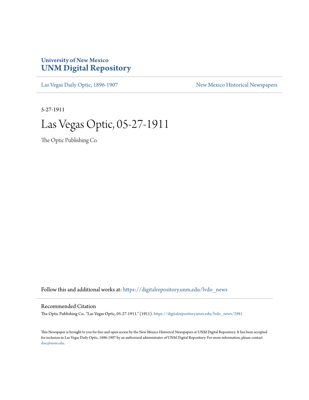 Las Vegas Optic, 05-27-1911 the Optic Publishing Co