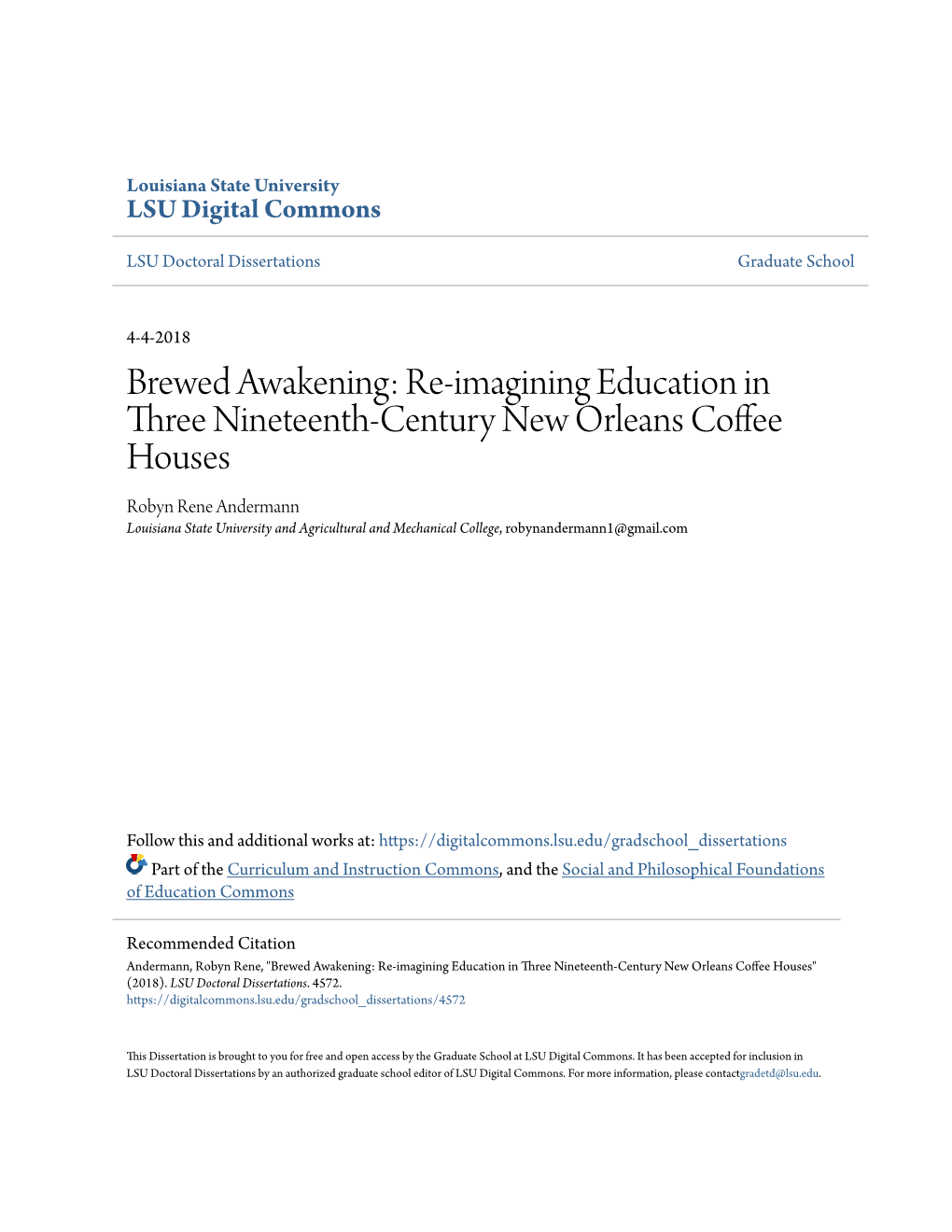 Brewed Awakening: Re-Imagining Education in Three Nineteenth-Century New Orleans Coffee Houses