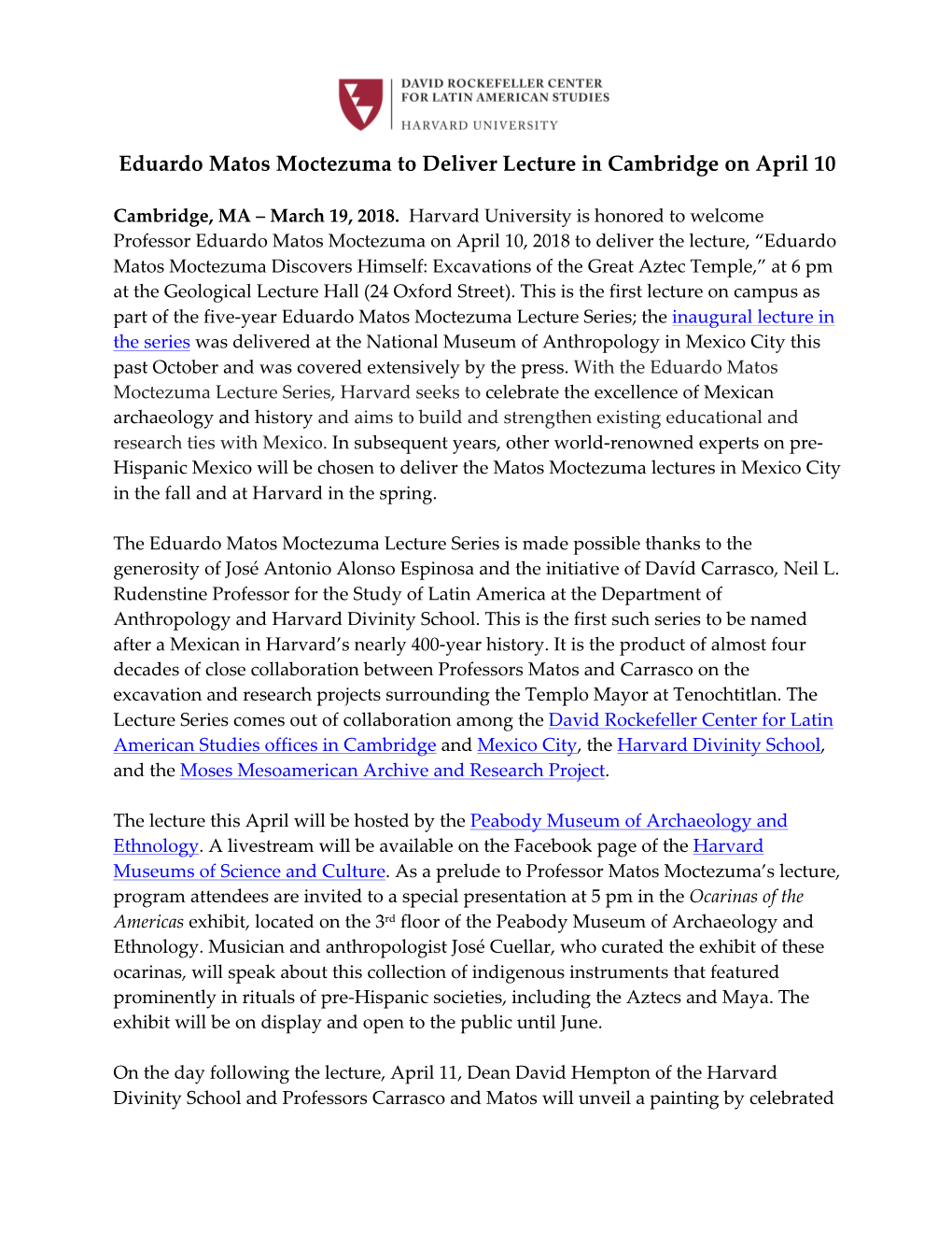 Eduardo Matos Moctezuma to Deliver Lecture in Cambridge on April 10