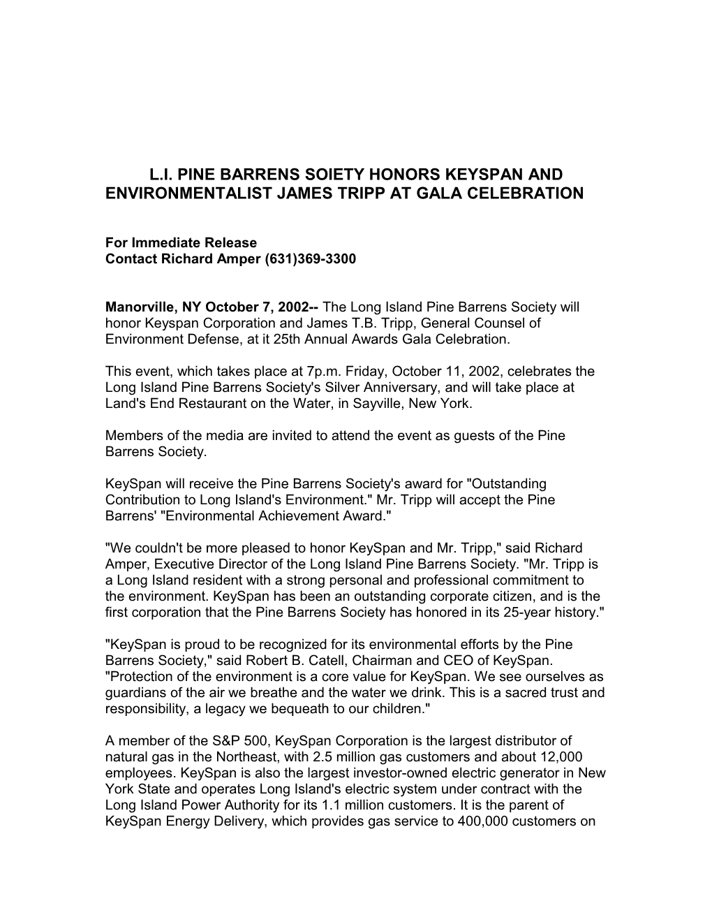 L.I. Pine Barrens Soiety Honors Keyspan And