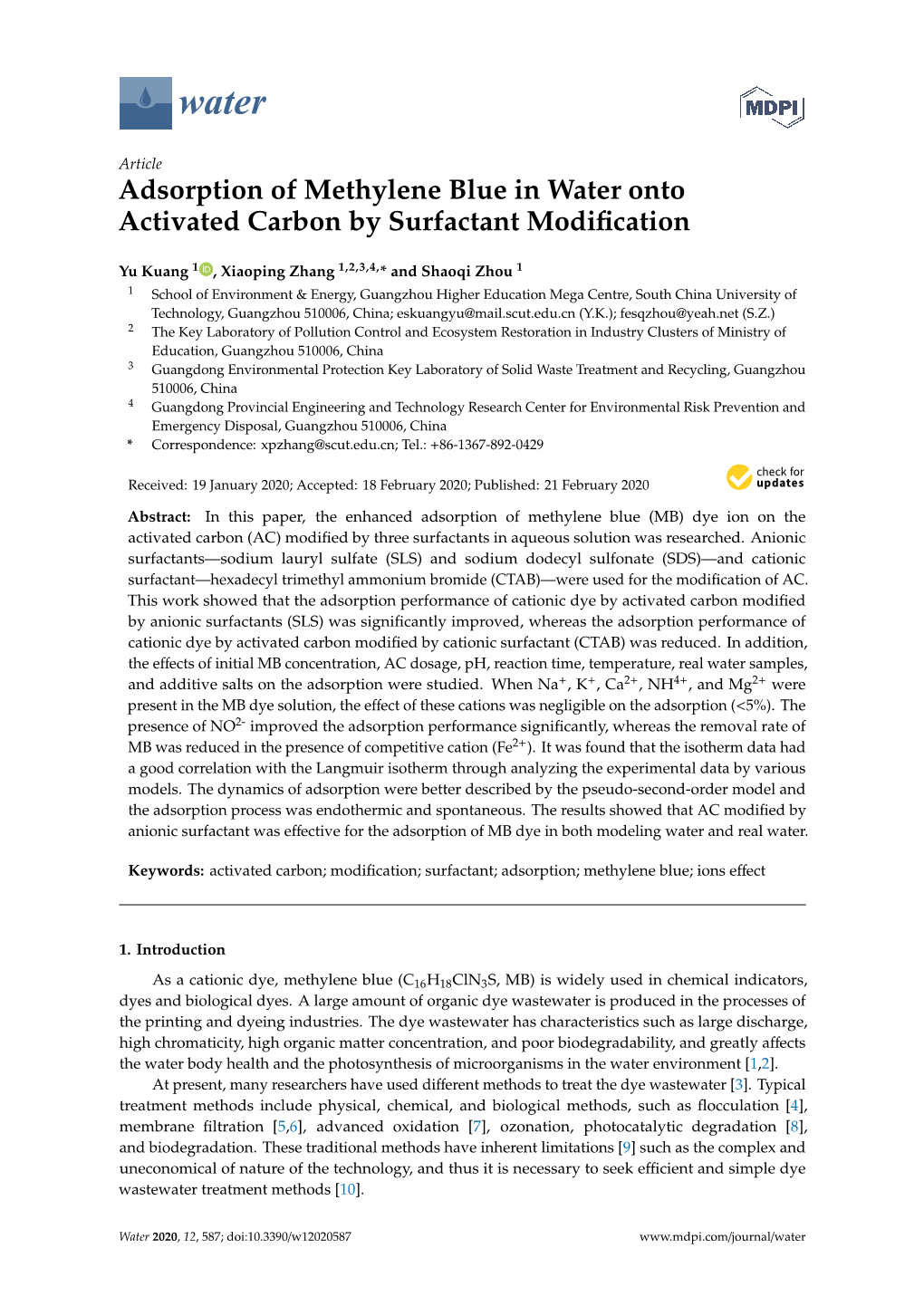 Adsorption of Methylene Blue in Water Onto Activated Carbon by Surfactant Modiﬁcation