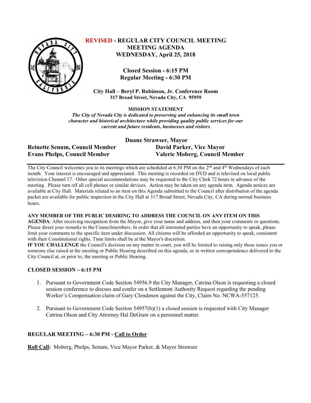 Revised - Regular City Council Meeting