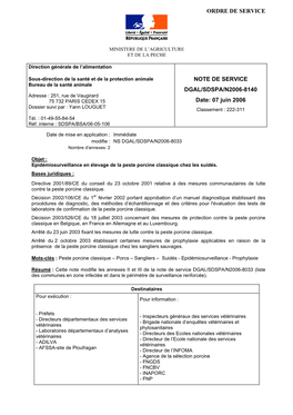 ORDRE DE SERVICE NOTE DE SERVICE DGAL/SDSPA/N2006-8140 Date: 07 Juin 2006