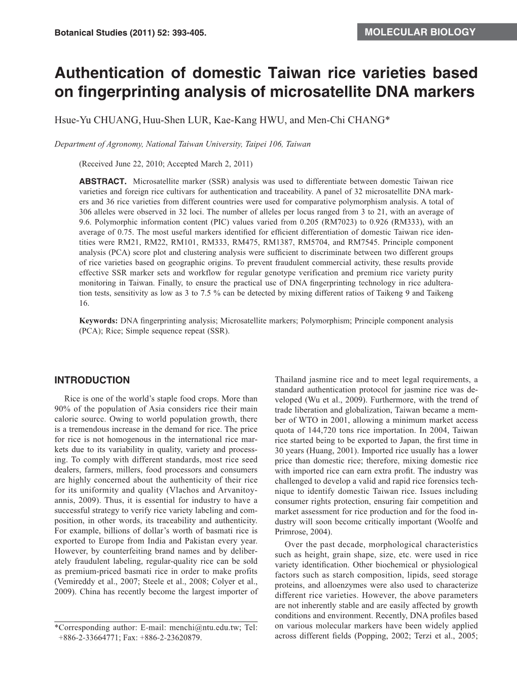 Authentication of Domestic Taiwan Rice Varieties Based on Fingerprinting Analysis of Microsatellite DNA Markers