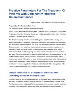 Practice Parameters for the Treatment of Patients with Dominantly Inherited Colorectal Cancer