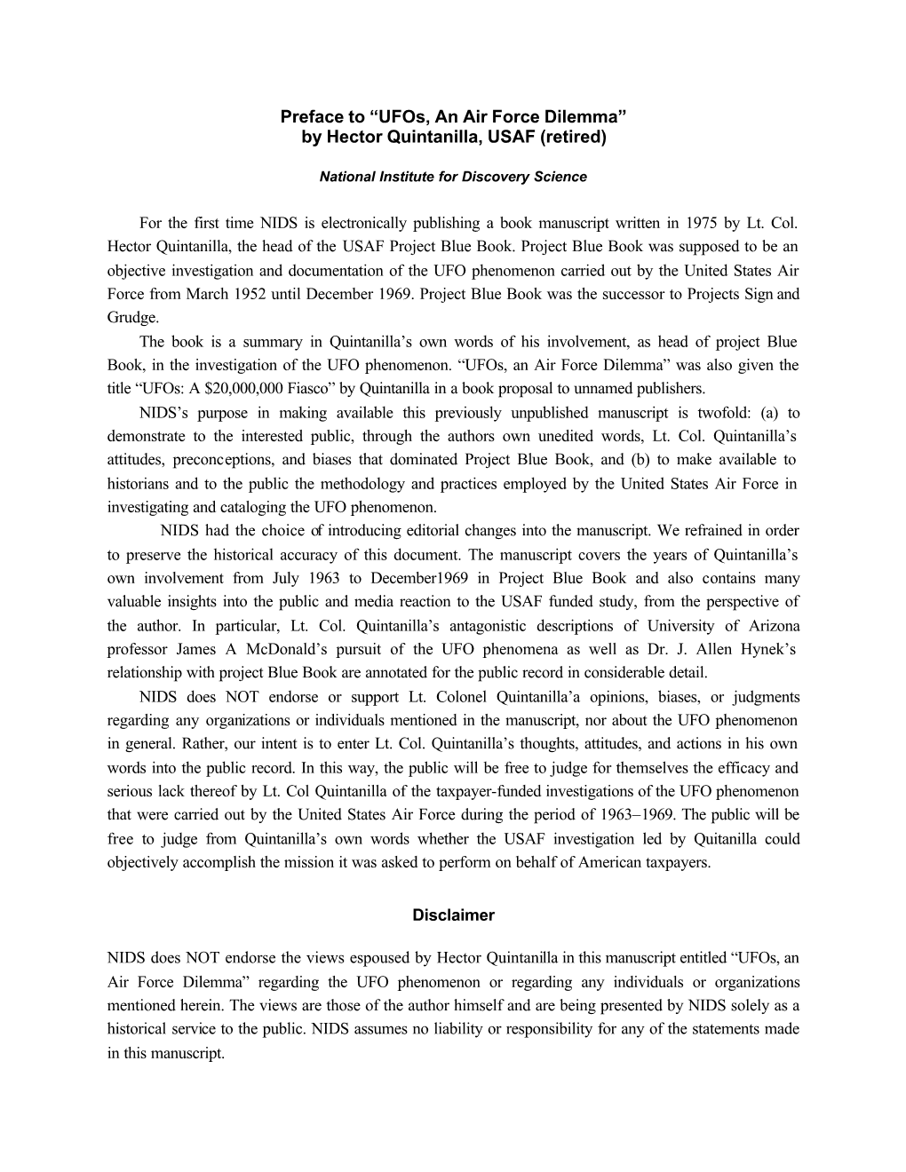 “Ufos, an Air Force Dilemma” by Hector Quintanilla, USAF (Retired)