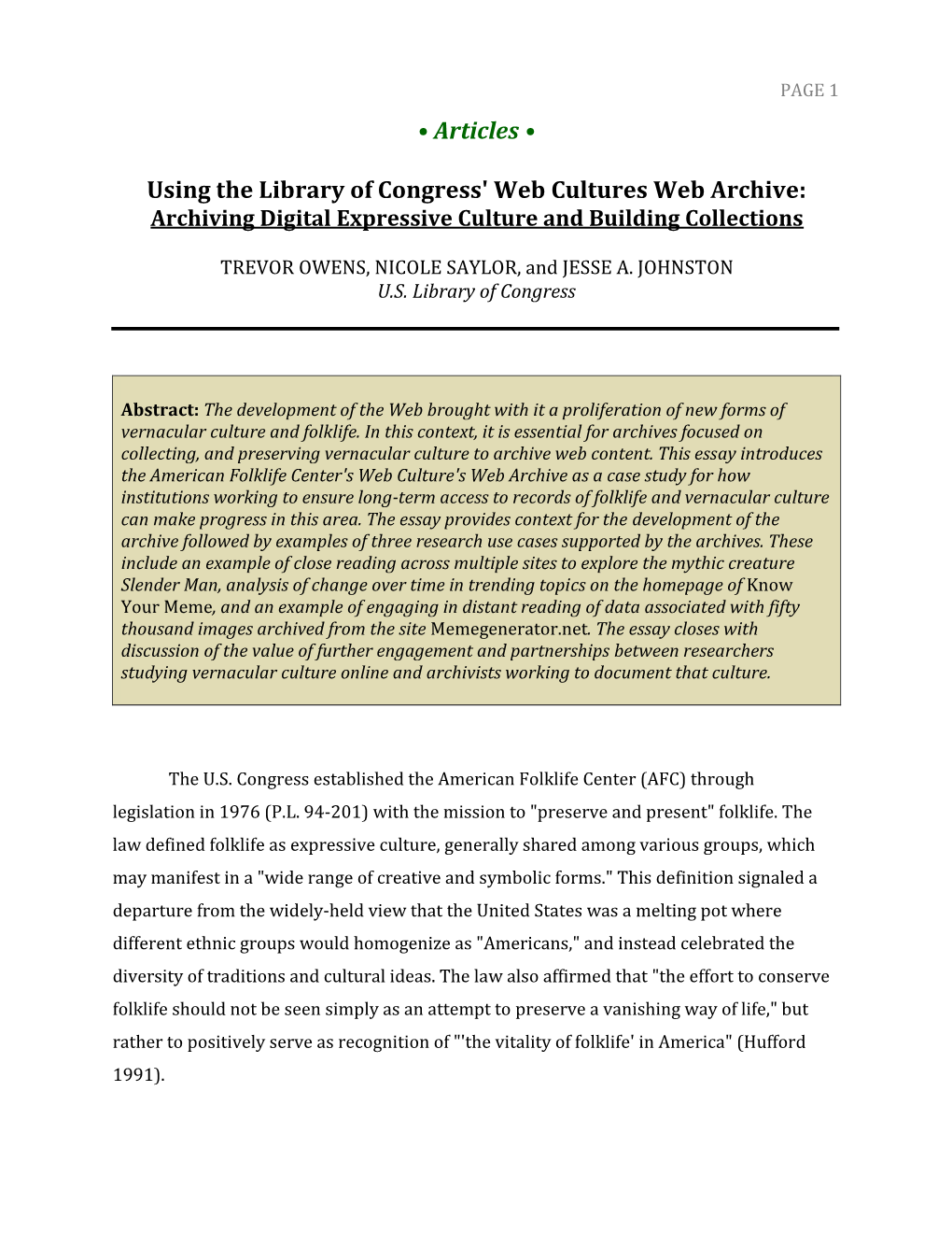 • Articles • Using the Library of Congress' Web Cultures Web