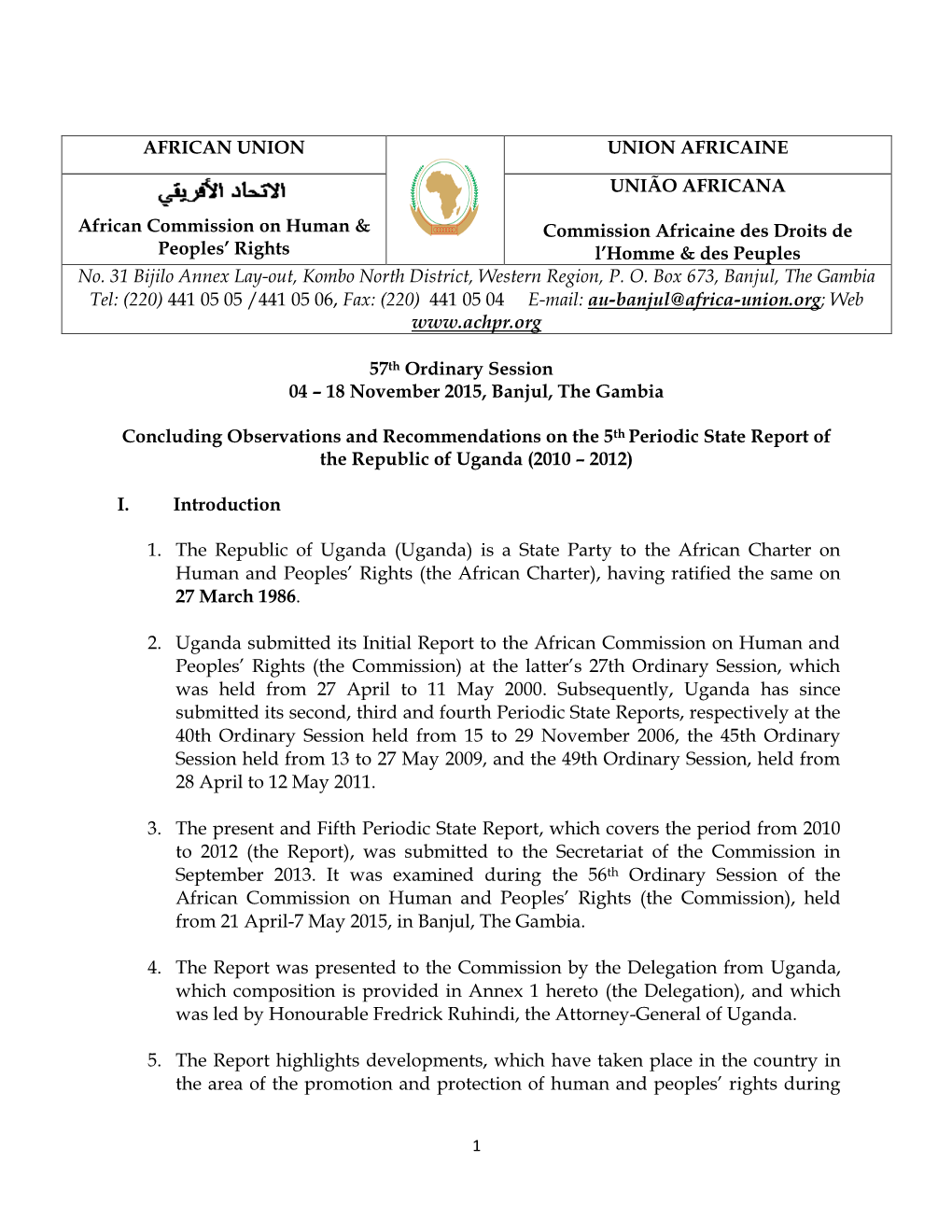 57Th Ordinary Session 04 – 18 November 2015, Banjul, the Gambia