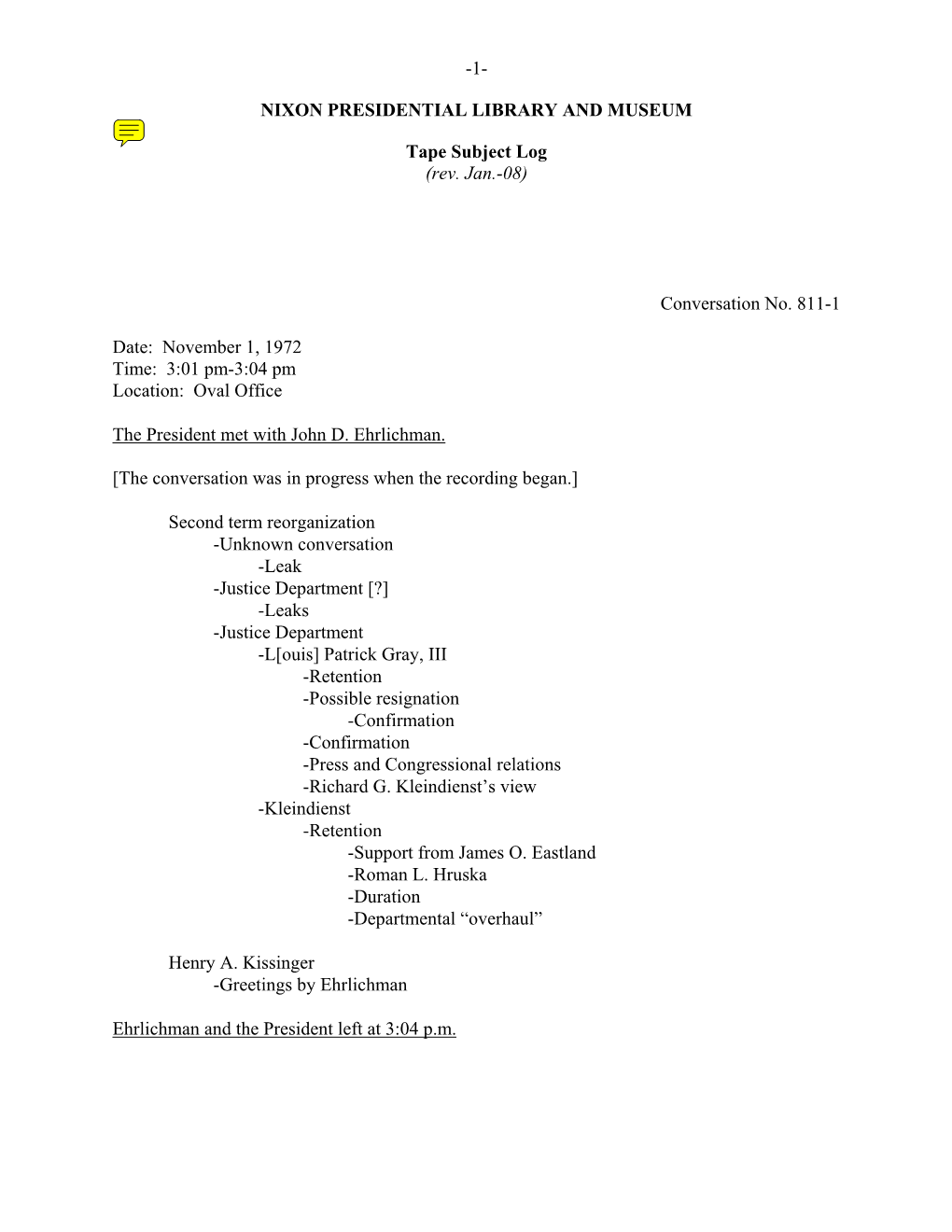 Oval #811: November 1, 1972 [Complete Tape Subject Log]