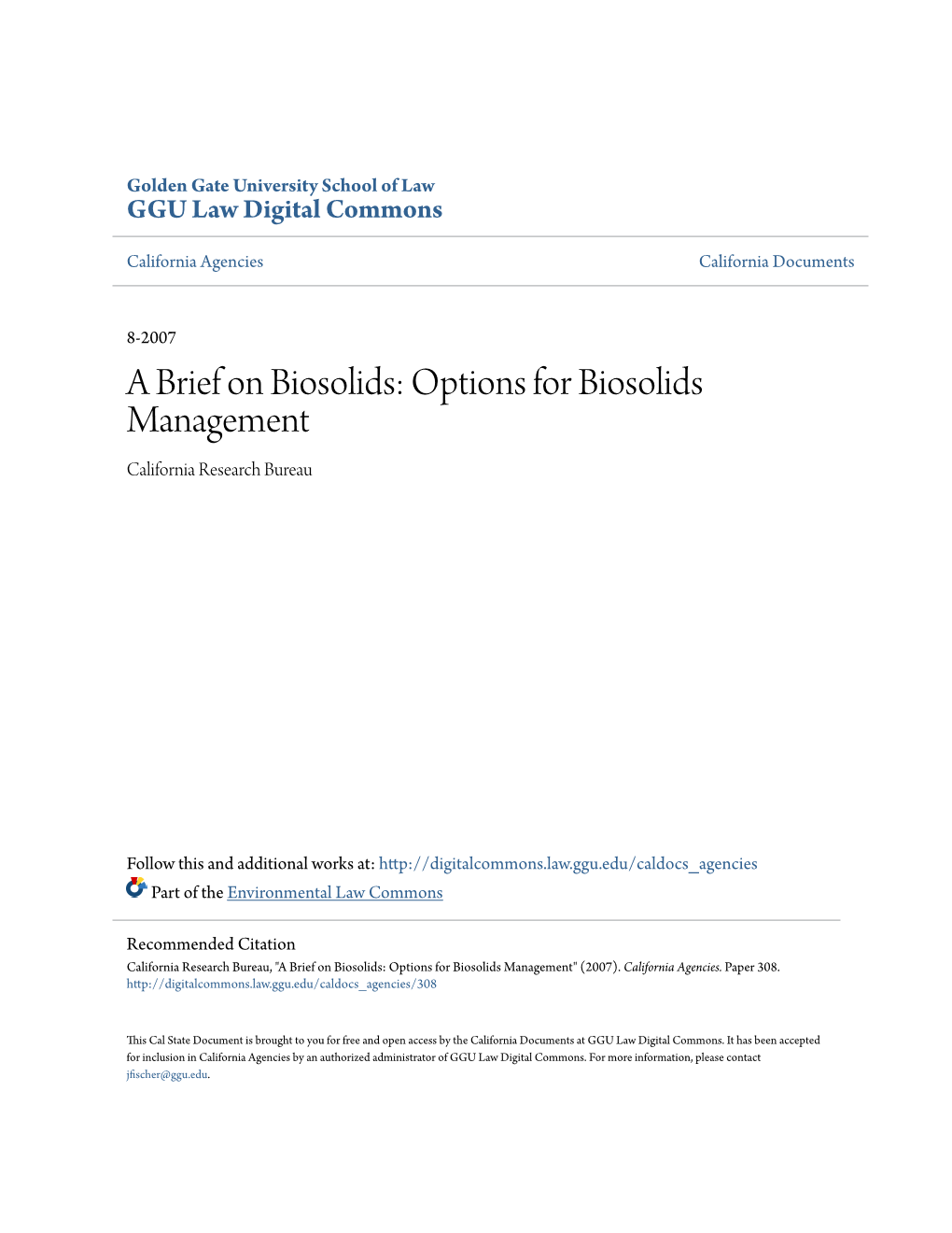 Options for Biosolids Management California Research Bureau