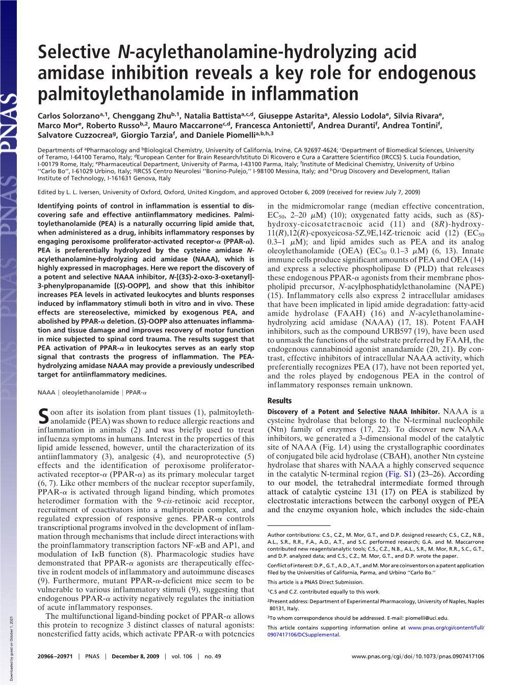 Selective N-Acylethanolamine-Hydrolyzing Acid Amidase Inhibition Reveals a Key Role for Endogenous Palmitoylethanolamide in Inflammation