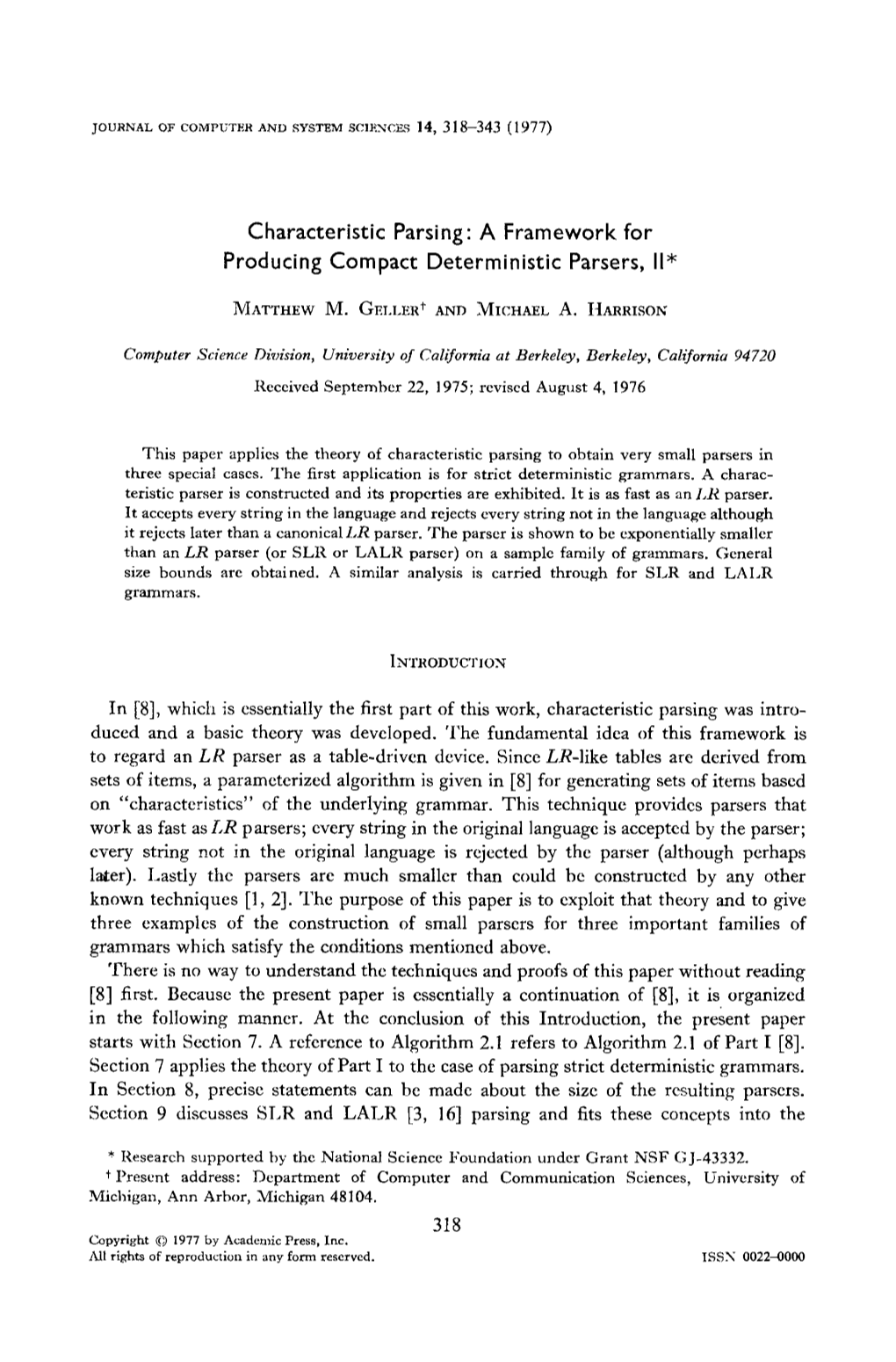 Characteristic Parsing: a Framework for Producing Compact Deterministic Parsers, I1"