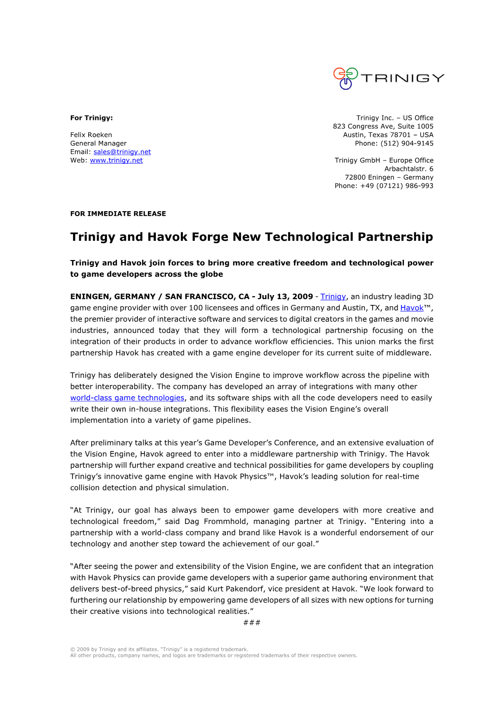 Trinigy and Havok Forge New Technological Partnership