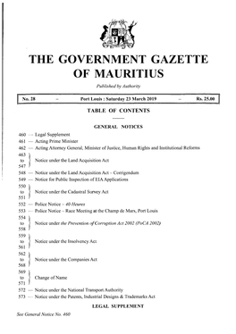 THE GOVERNMENT GAZETTE of MAURITIUS Published by Authority