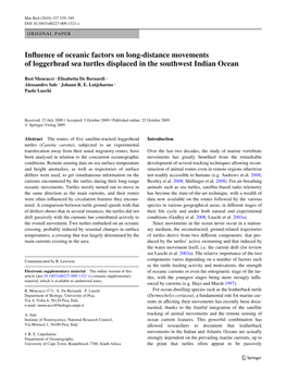 Inxuence of Oceanic Factors on Long-Distance Movements of Loggerhead Sea Turtles Displaced in the Southwest Indian Ocean