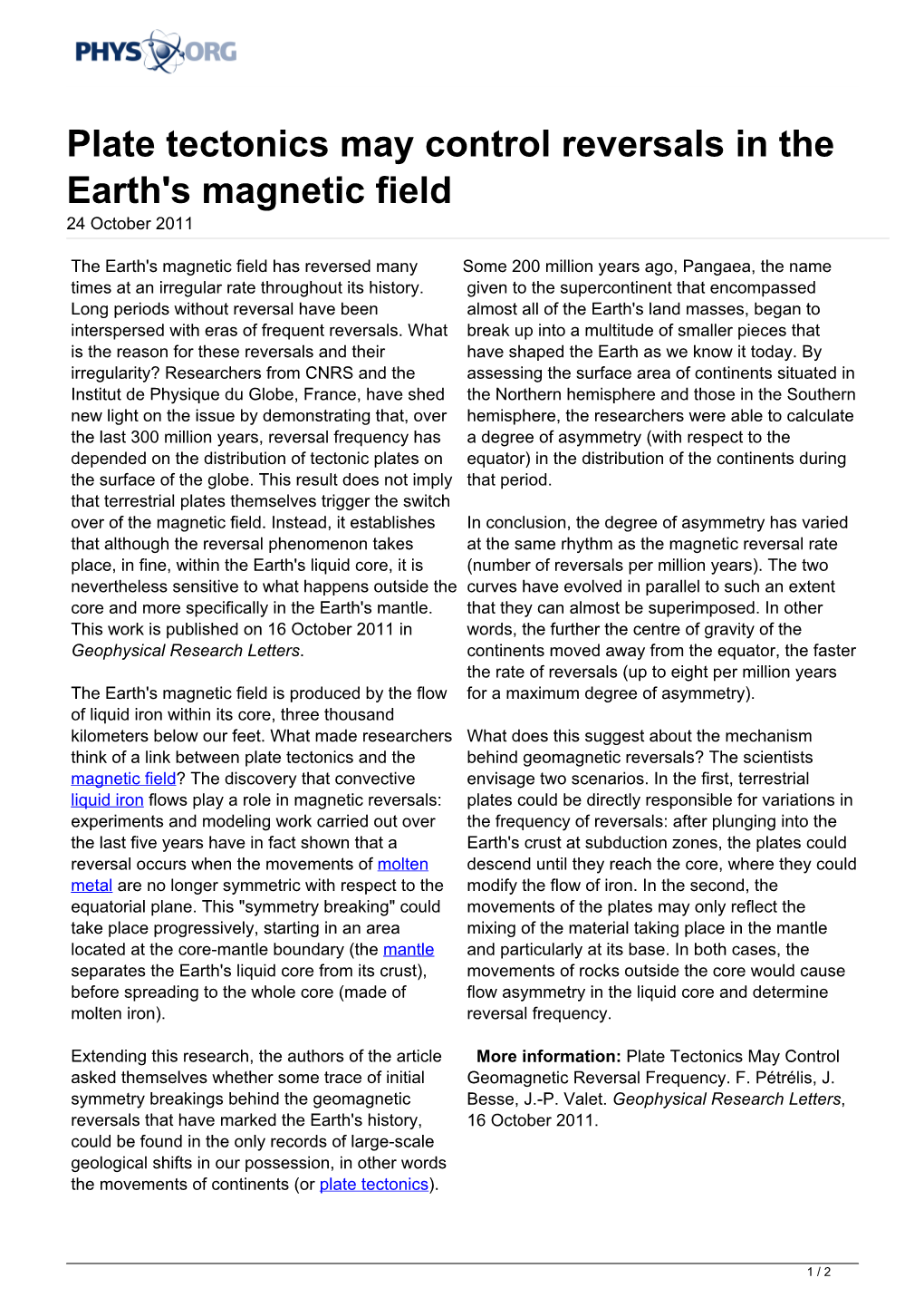 Plate Tectonics May Control Reversals in the Earth's Magnetic Field 24 October 2011