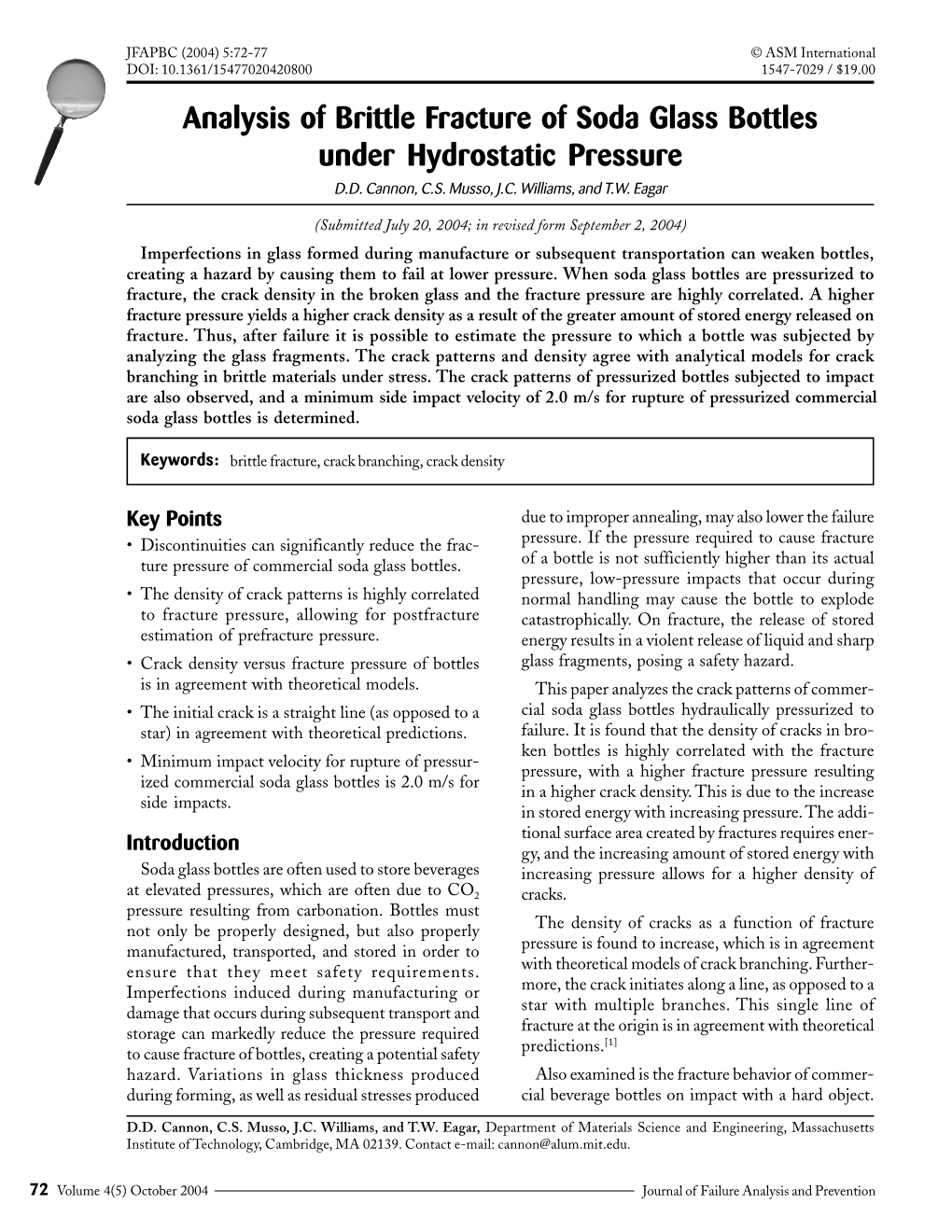 Analysis of Brittle Fracture of Soda Glass Bottles Under Hydrostatic