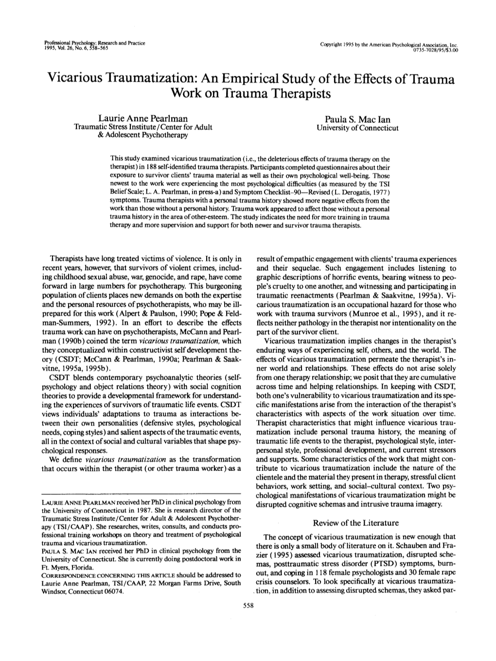 Vicarious Traumatization: an Empirical Study of the Effects of Trauma Work on Trauma Therapists