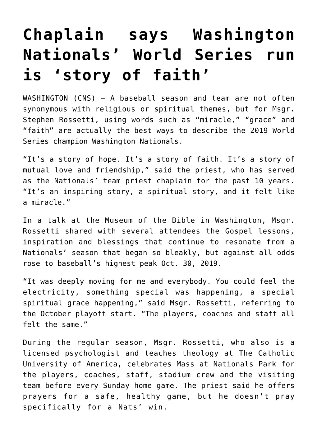 Chaplain Says Washington Nationals&#8217; World Series Run Is