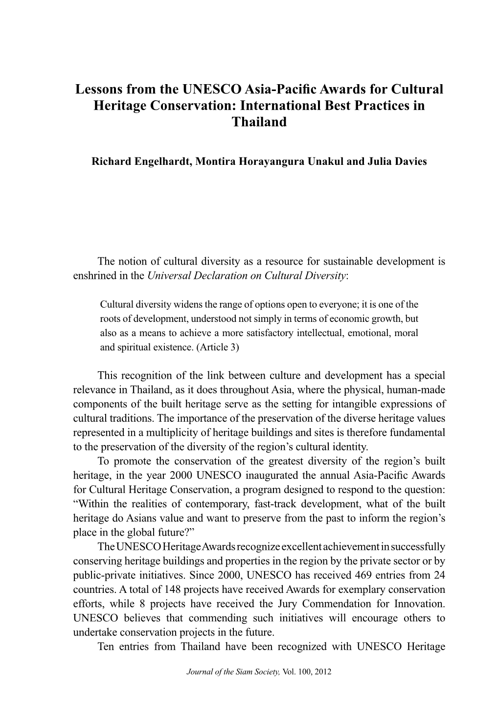 Lessons from the UNESCO Asia-Pacific Awards for Cultural Heritage Conservation: International Best Practices in Thailand