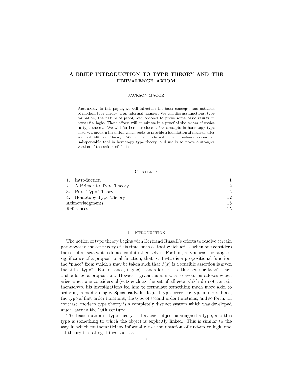 A Brief Introduction to Type Theory and the Univalence Axiom