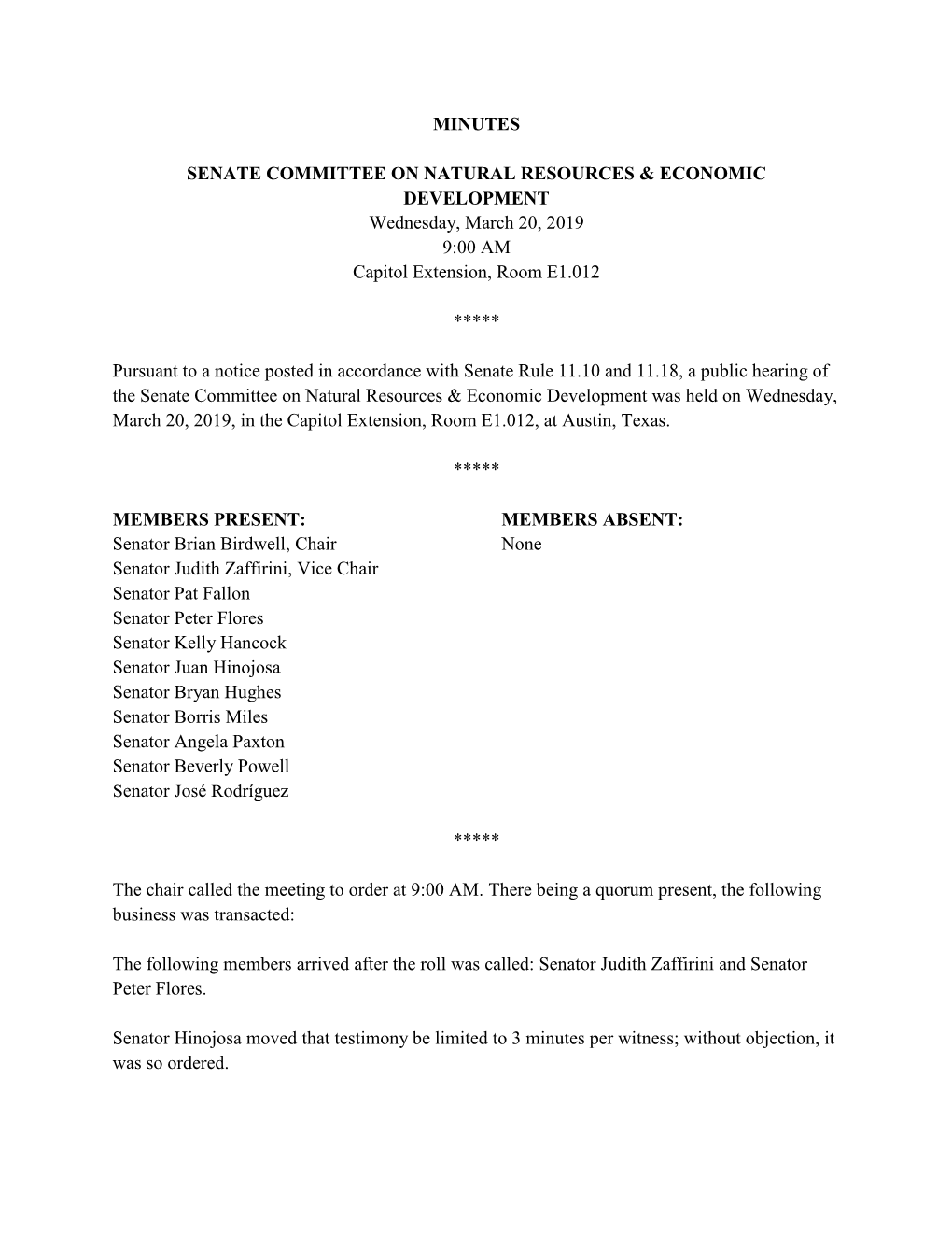 Minutes Senate Committee on Natural Resources