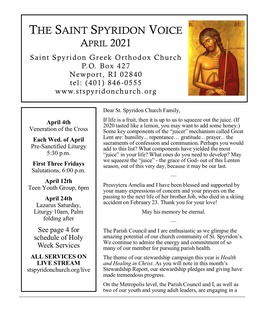 THE SAINT SPYRIDON VOICE APRIL 2021 Saint Spyridon Greek Orthodox Church P.O
