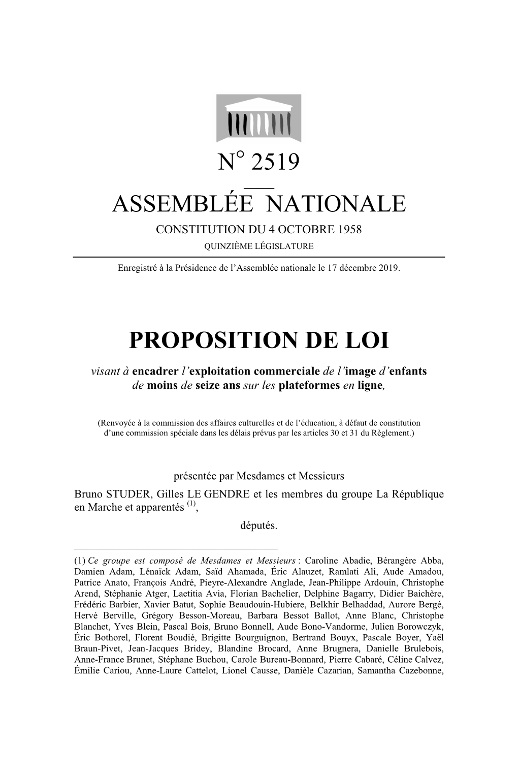 N° 2519 Assemblée Nationale Proposition De