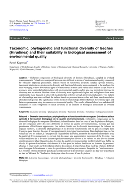 Taxonomic, Phylogenetic and Functional Diversity of Leeches (Hirudinea) and Their Suitability in Biological Assessment of Environmental Quality