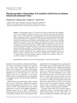 Phylogeographic Relationships of Scotophilus Kuhlii Between Hainan Island and Mainland China