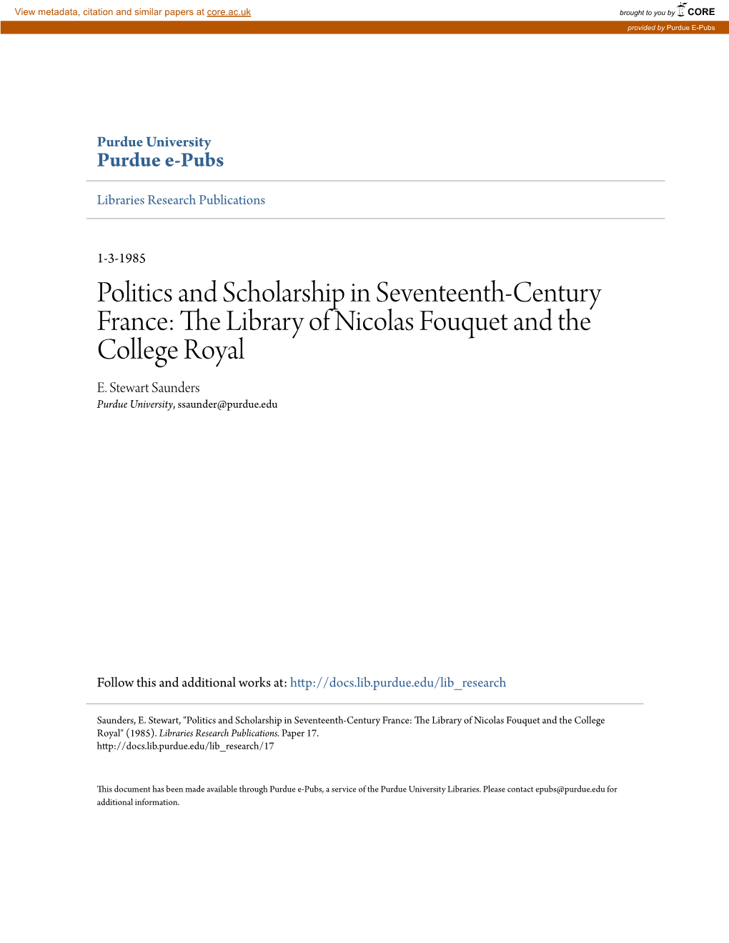 Politics and Scholarship in Seventeenth-Century France: the Library of Nicolas Fouquet and the College Royal E