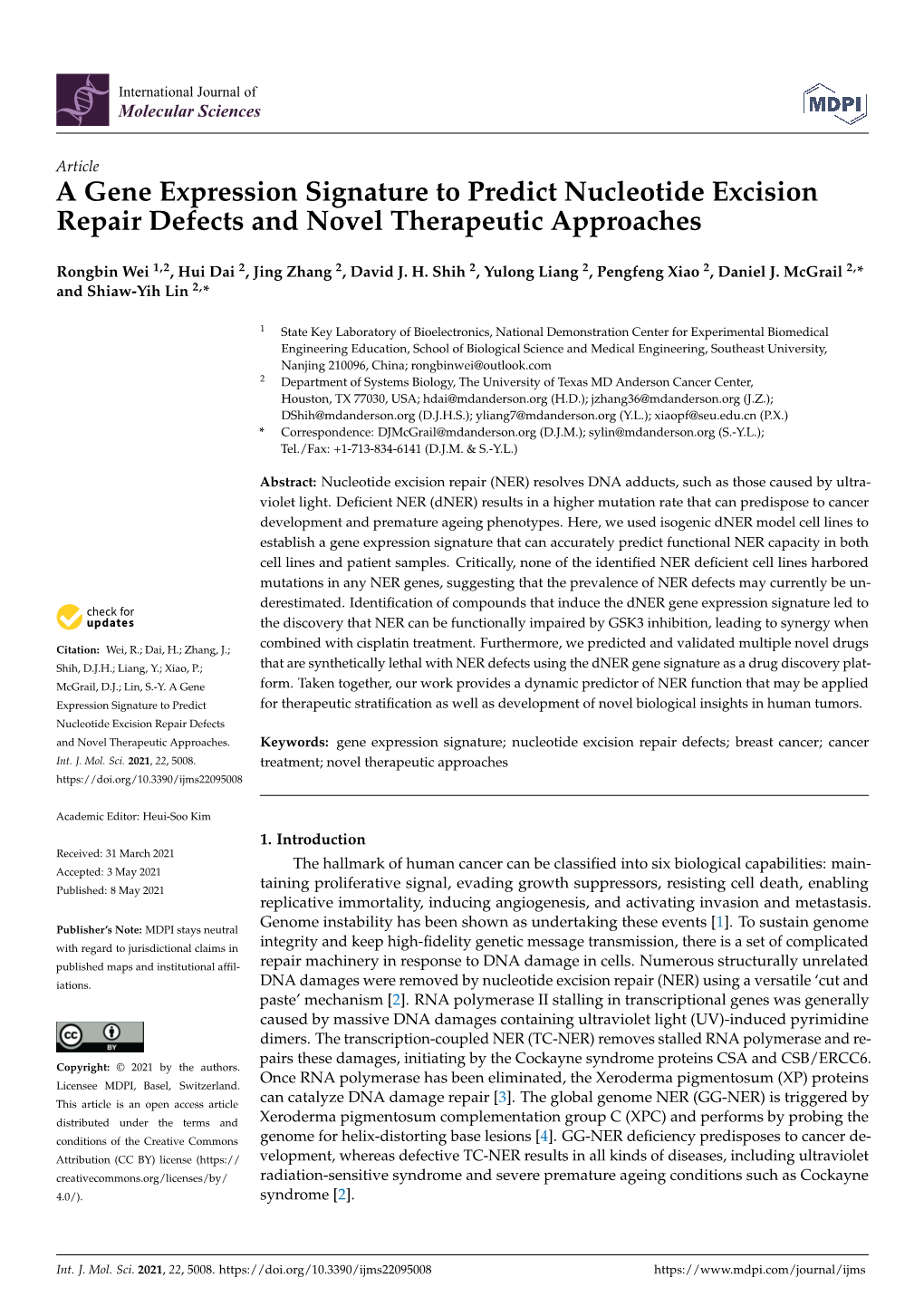 A Gene Expression Signature to Predict Nucleotide Excision Repair Defects and Novel Therapeutic Approaches