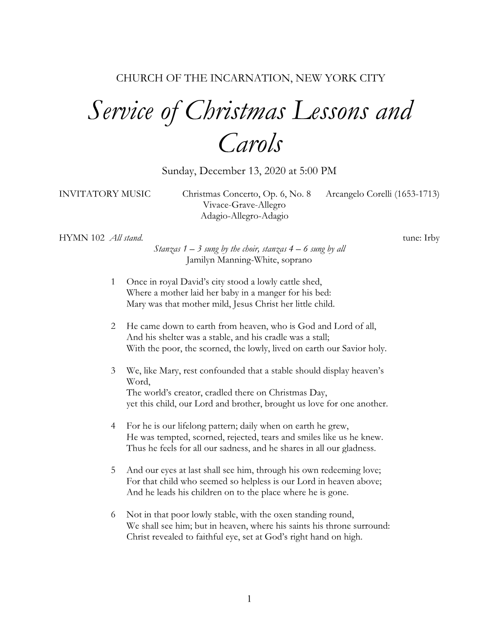 Service of Christmas Lessons and Carols Sunday, December 13, 2020 at 5:00 PM