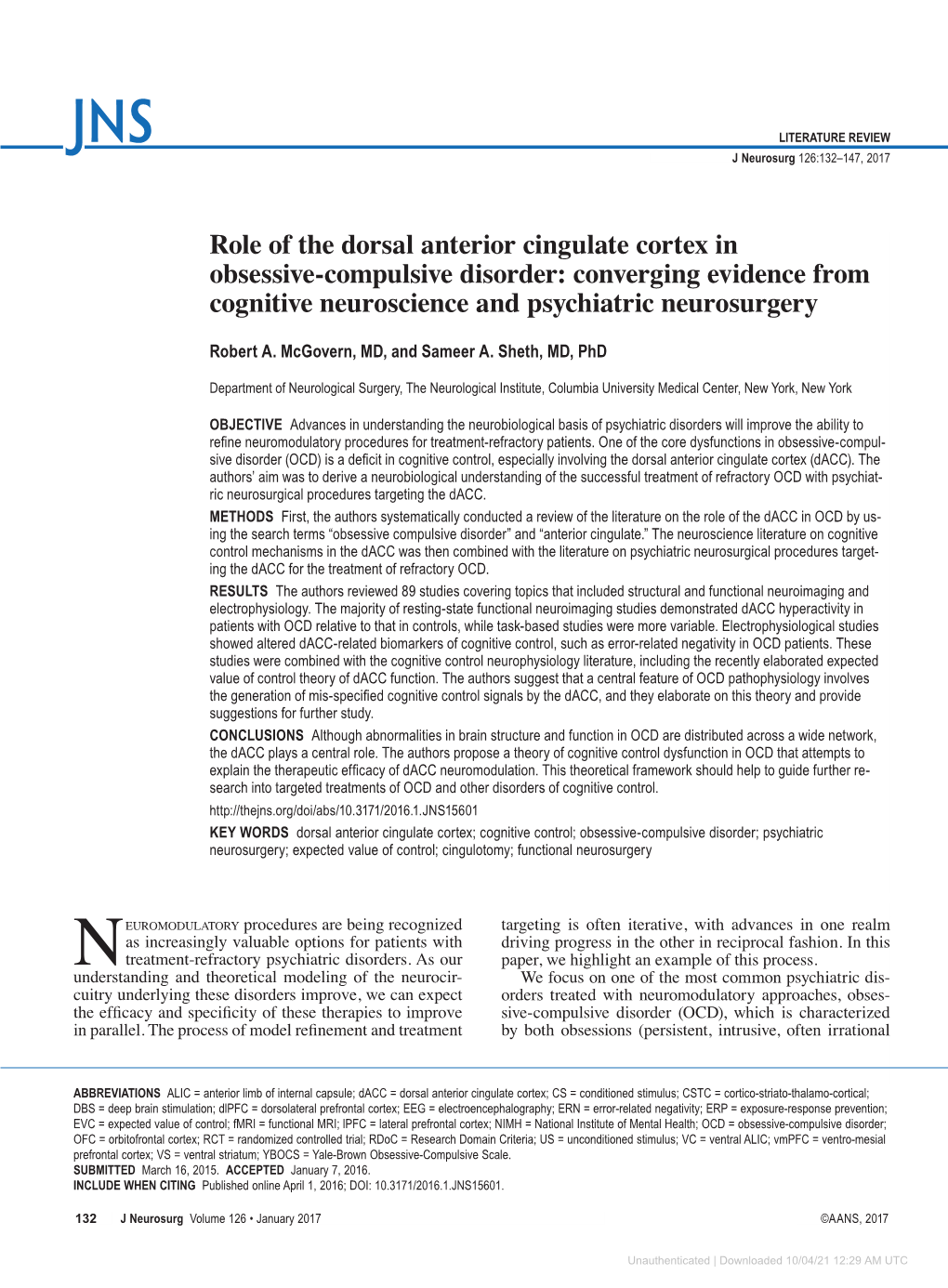 Role of the Dorsal Anterior Cingulate Cortex in Obsessive-Compulsive Disorder: Converging Evidence from Cognitive Neuroscience and Psychiatric Neurosurgery