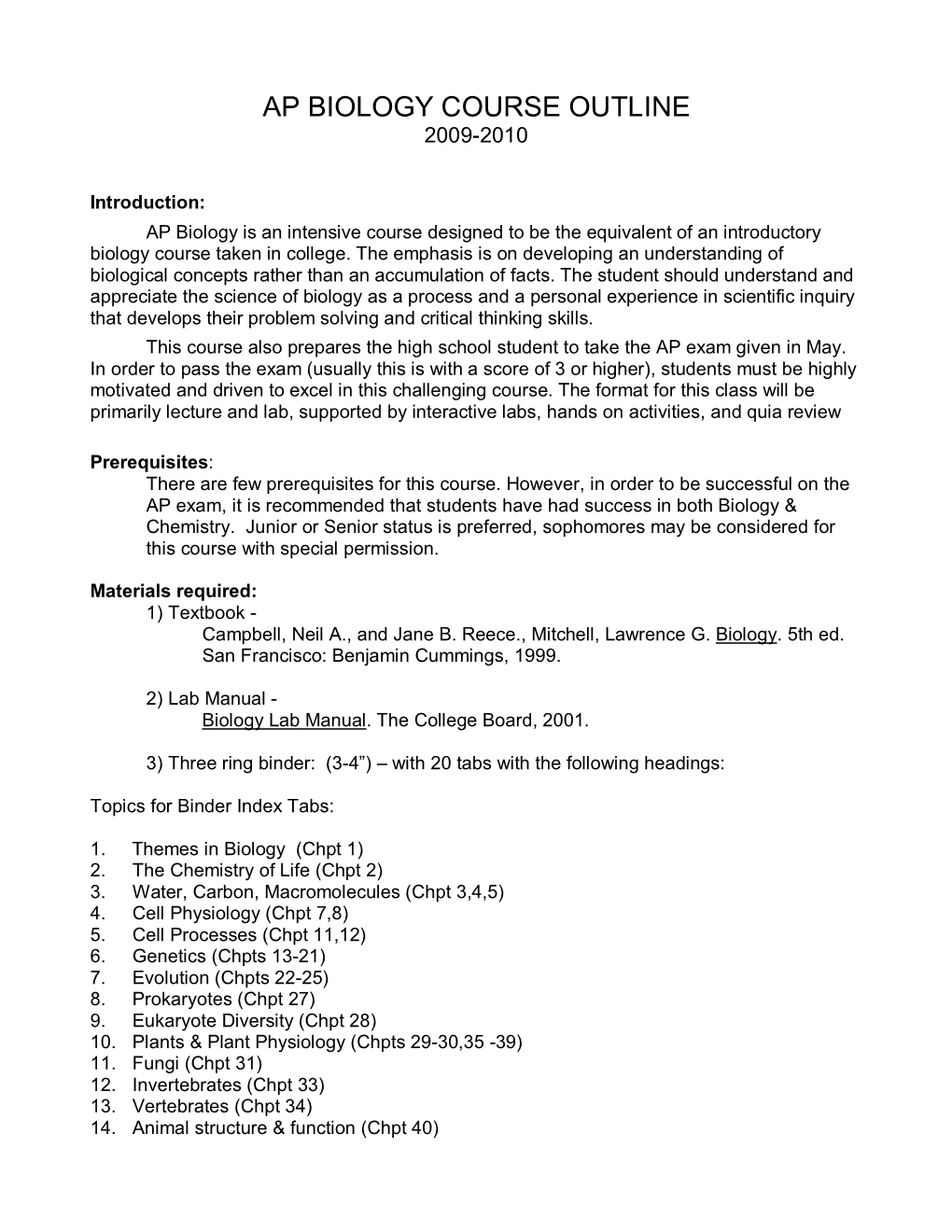 Ap Biology Course Outline 2009-2010