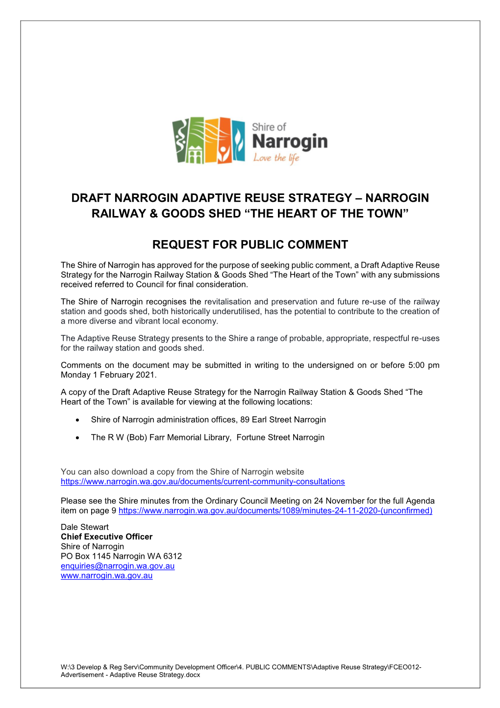 Draft Narrogin Adaptive Reuse Strategy – Narrogin Railway & Goods Shed “The Heart of the Town”