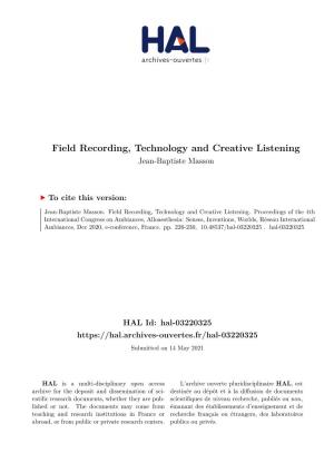 Field Recording, Technology and Creative Listening Jean-Baptiste Masson