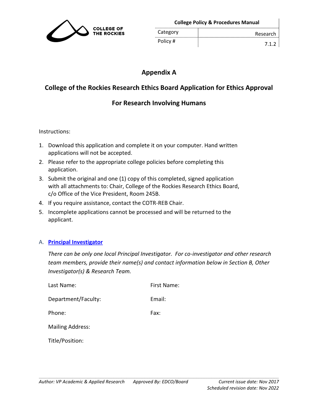 Appendix a College of the Rockies Research Ethics Board Application