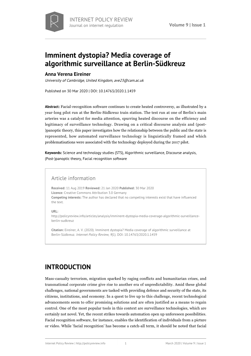 Media Coverage of Algorithmic Surveillance at Berlin-Südkreuz Anna Verena Eireiner University of Cambridge, United Kingdom, Ave23@Cam.Ac.Uk