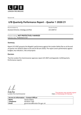 LFB Quarterly Performance Report – Quarter 1 2020/21