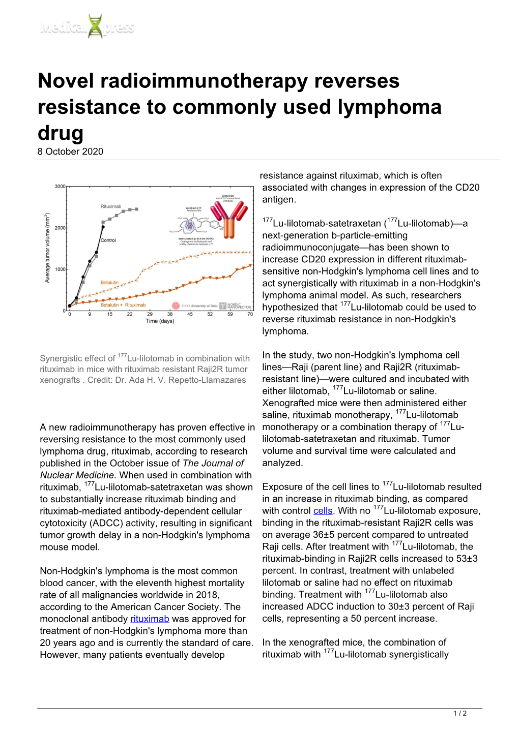 Novel Radioimmunotherapy Reverses Resistance to Commonly Used Lymphoma Drug 8 October 2020