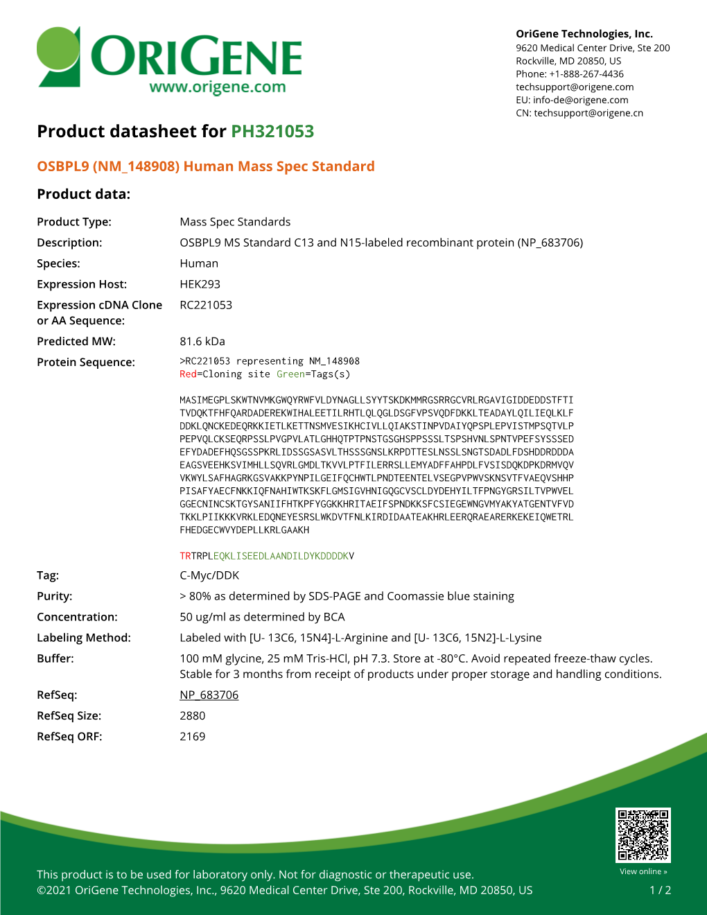 OSBPL9 (NM 148908) Human Mass Spec Standard – PH321053