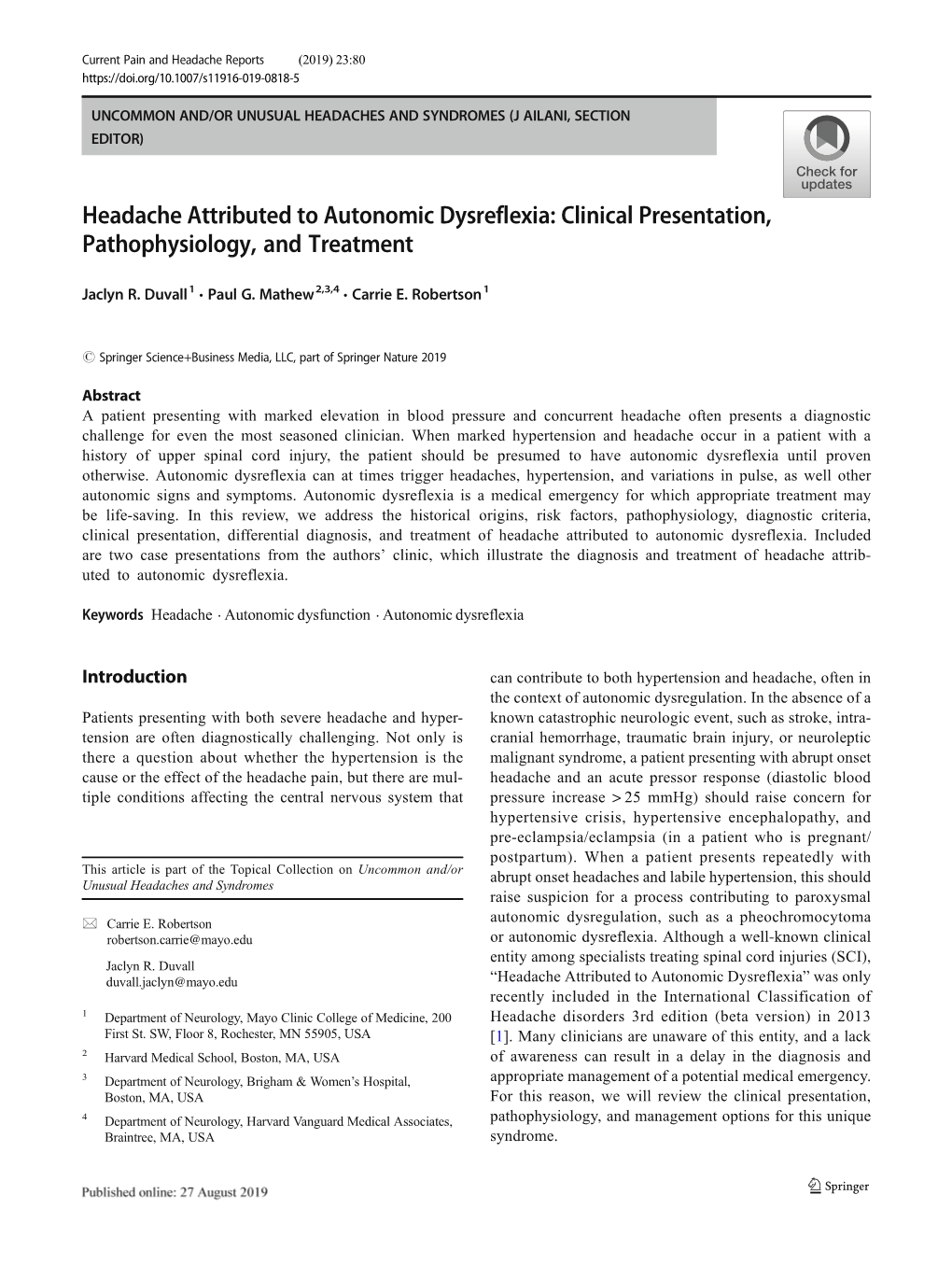 Headache Attributed to Autonomic Dysreflexia: Clinical Presentation, Pathophysiology, and Treatment