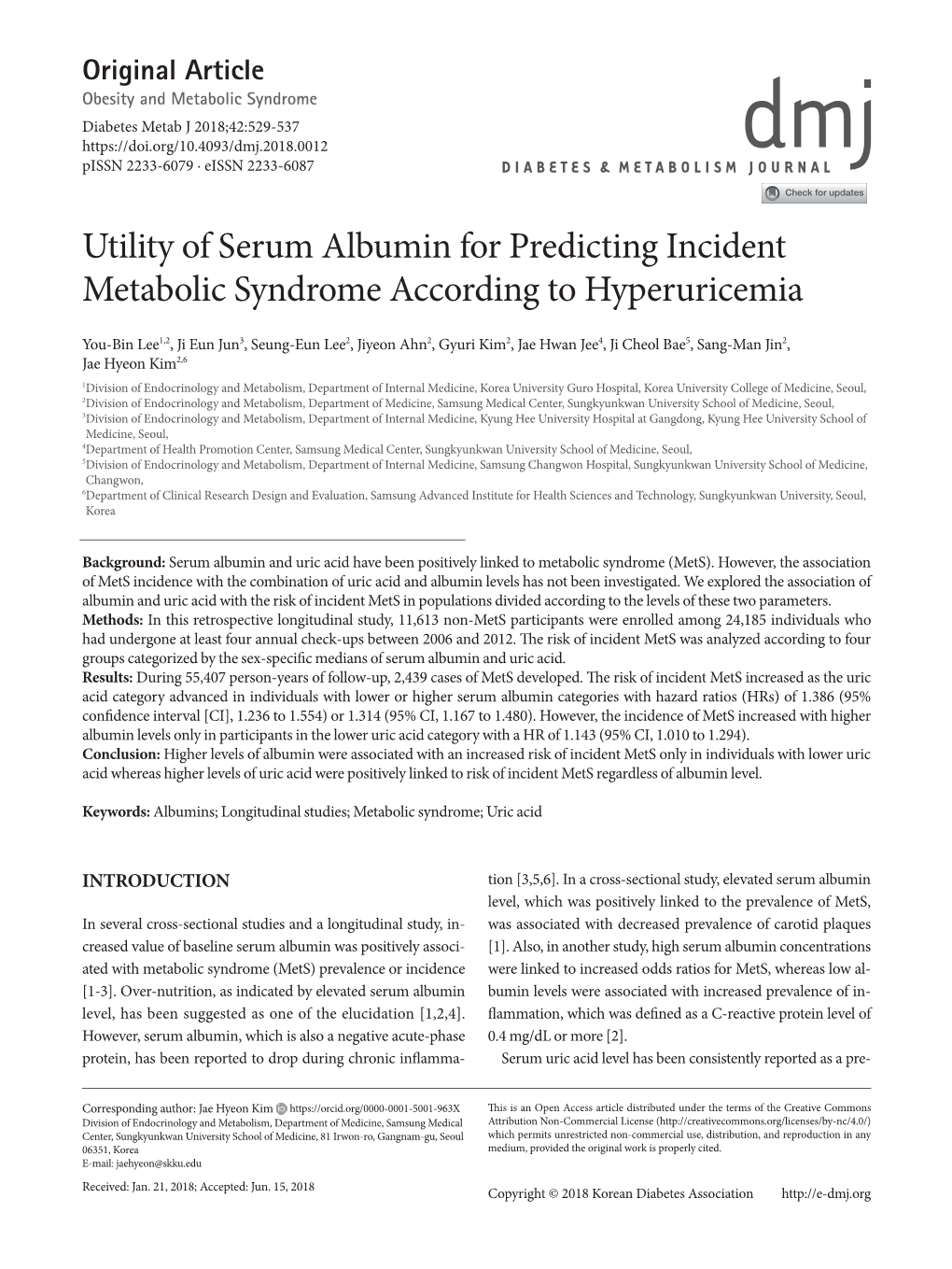 Utility of Serum Albumin for Predicting Incident Metabolic Syndrome According to Hyperuricemia