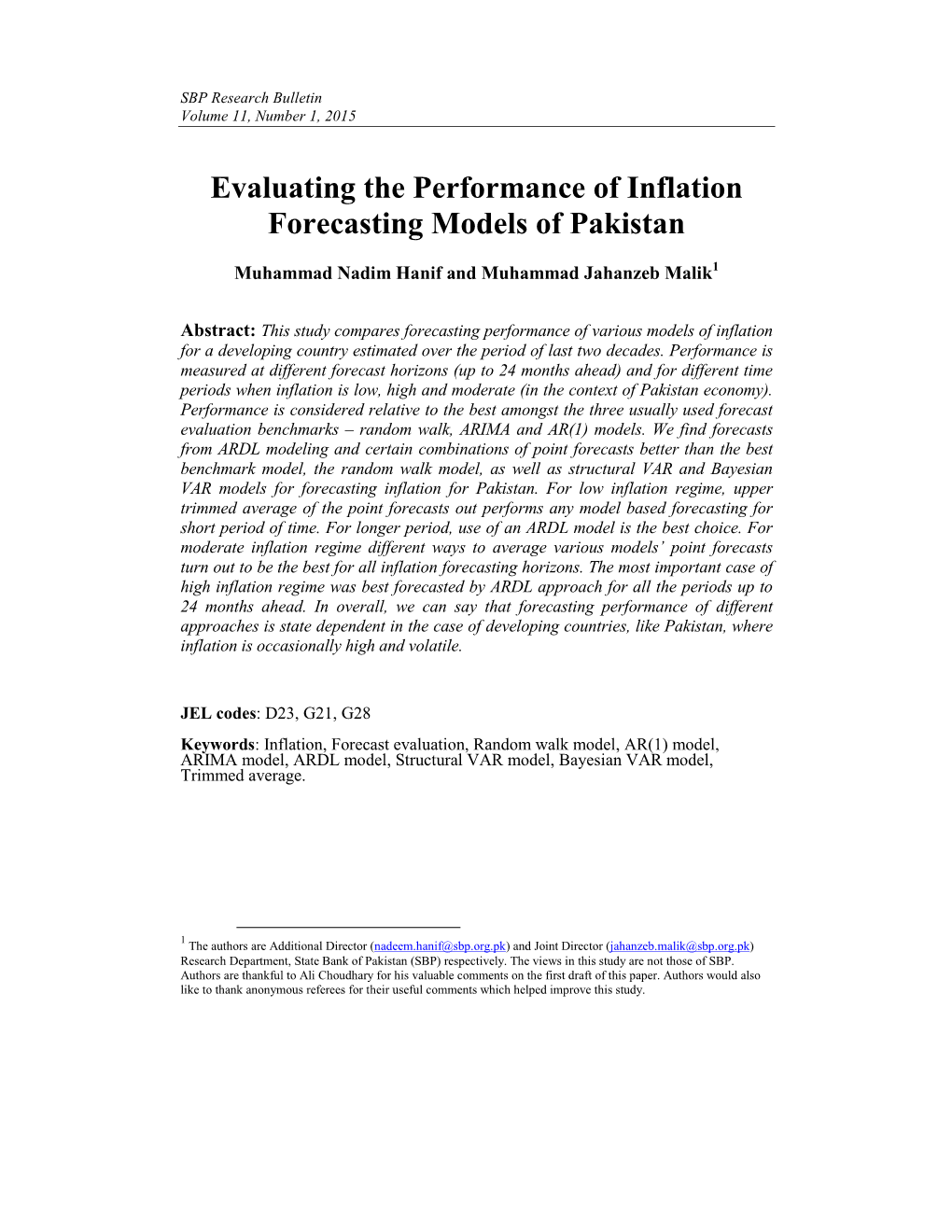 Evaluating the Performance of Inflation Forecasting Models of Pakistan