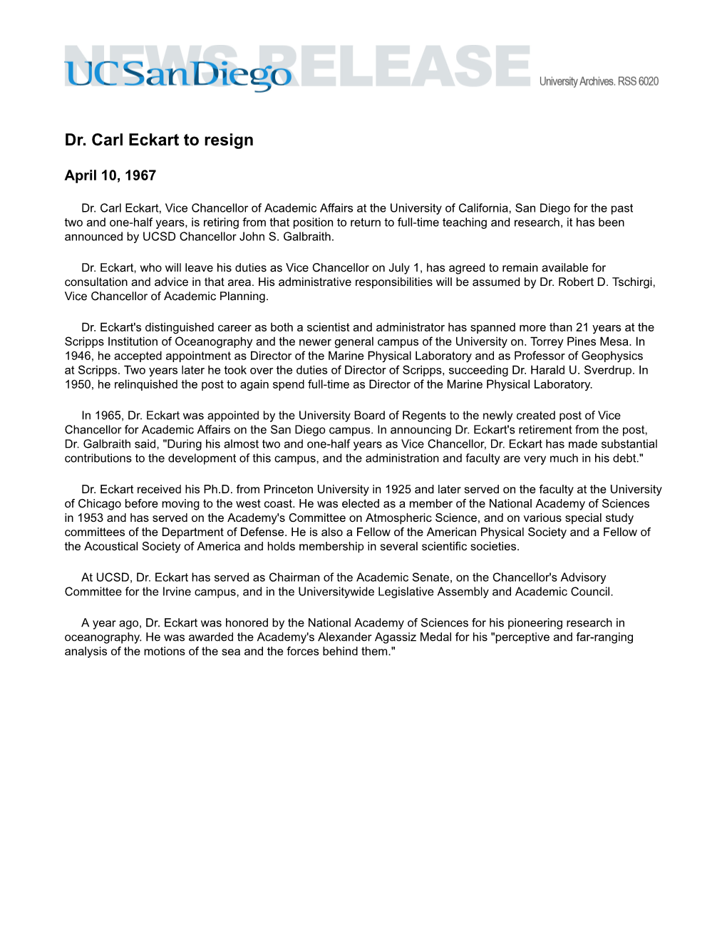 Dr. Carl Eckart to Resign